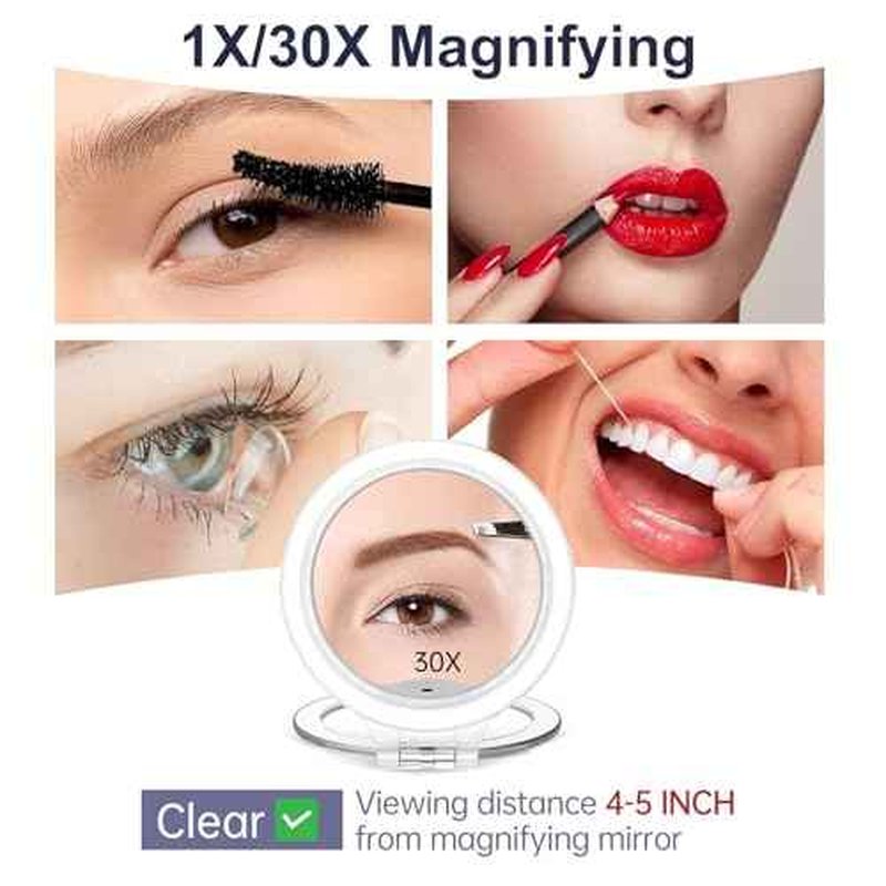 FASCINATE Magnifying Mirror 30X 1X Double Sided Magnification Makeup Vanity Mirror Rechargeable Lighted Mirror with 3 Color Setting Adjustable Rotation LED Vanity Desk Mirror
