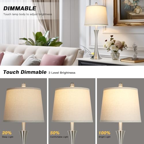 Silver 27.5-Inch Set of 2 Touch Dimmable Bedside Table Lamps with USB-C Ports