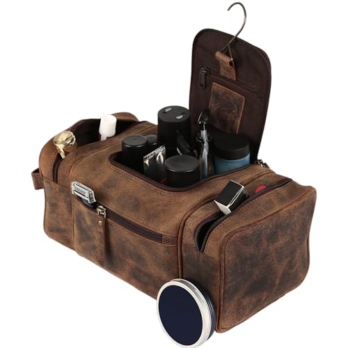 KomalC Extra-Large Leather Toiletry Bag for Men & Women ? Luxury Travel Dopp Kit with Multi-Compartment Storage, Waterproof Lining & Premium YKK Zippers ? Unisex Toiletry & Cosmetic Organizer