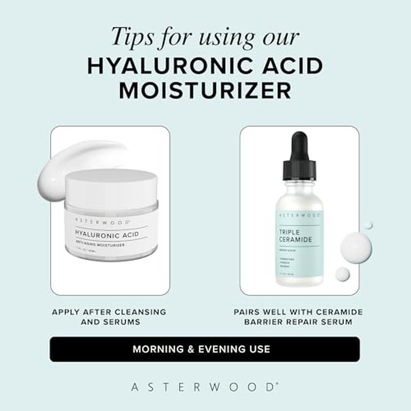 Asterwood Hyaluronic Acid Moisturizer for Face - Hydrating, Moisturizing, Lightweight - Anti-Aging Moisturizer - Fragrance-Free, Cruelty-Free - For All Skin Types Including Dry & Oily - 1.7 Fl Oz
