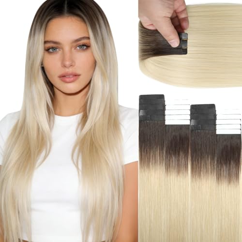 Platinum Blonde Hair Extensions 16 Inch Human Hair Tape-In with Dark Roots - Variation R#2/60A