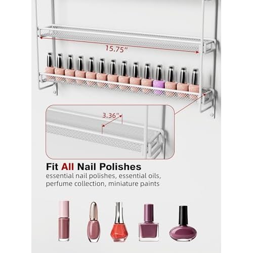 Nail Polish Organizer Wall Mounted, 6 Tier Metal Storage Rack Holds 90 Bottles, Multifunctional Organizer for Essential Oils Paint Perfume, White