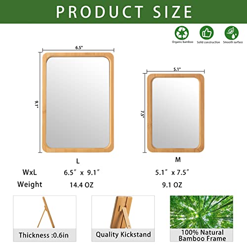 Natural Bamboo Desk Table Mirror, Folding Makeup Mirror with Handheld/Stand,Portable Small Desktop Cosmetic Mirror Good for Travel, Cosmetic, Office,6.5" W x 9.1" L