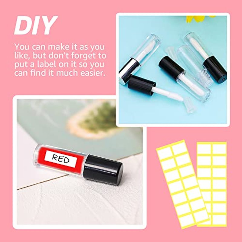 AMORIX 50PCS Mini Lip Gloss Tubes with Wand 1.2ml Empty Containers Clear Refillable Travel Lip Balm Bottles for Samples with 5ml Syringes DIY Lip Gloss Base + Tag Labels Stickers (Black)