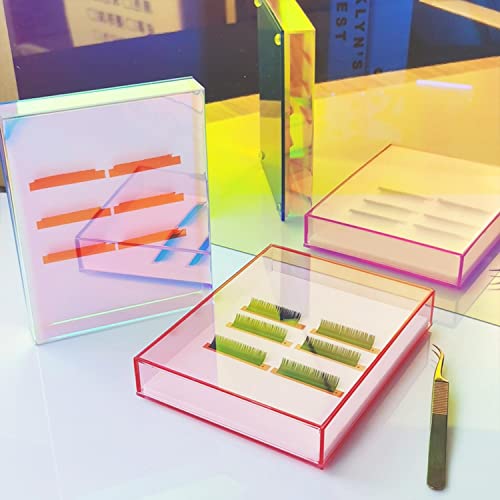 Eyelash Grafting Pallet with Cover, Dust-proof Acrylic Lash Tile holder, Dazzling Eyelash Extensions Storage Gasket Pads with Suction for Tweezers (Transparent Pink L)