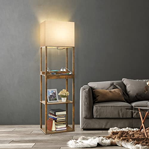 RUNTOP Upgraded Floor Lamp with Shelves and Wireless Charger - Brown with Drawer & USB Ports