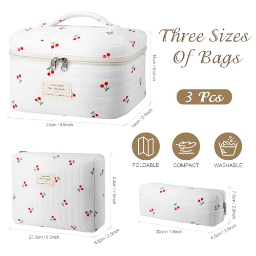 3Pcs Cotton Quilted Makeup Bag for Women Girls, Large Floral Cosmetic Bag Set Cute Makeup Brushes Aesthetic Accessories Storage Bag Cherry Travel Toiletry Bag Organizer