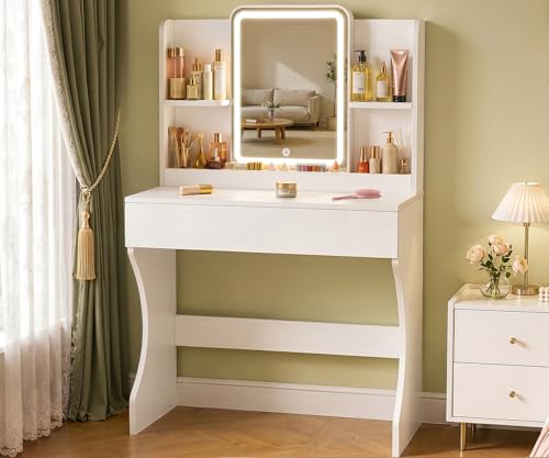 White Small Vanity Desk with Mirror & Dimmable LED Lights - B-White