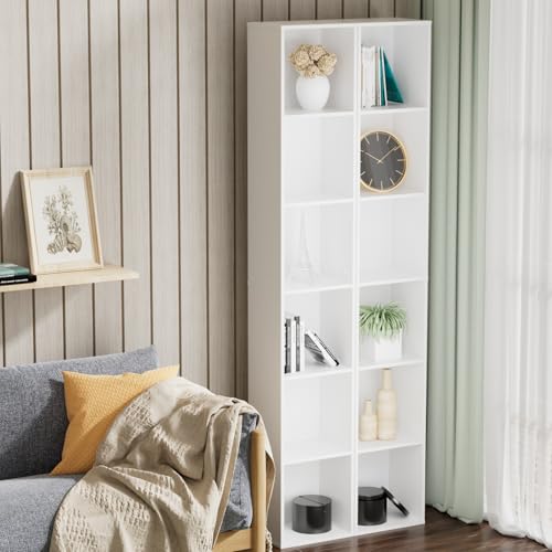 White 6-Tier Narrow Tall Bookcase - 70.5 Inch Slim Wall Shelf for Small Spaces