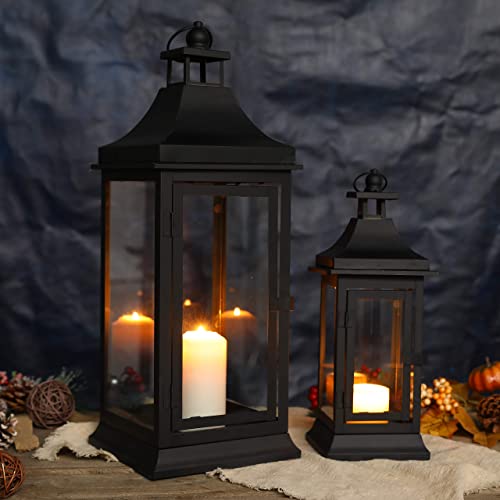Vintage Outdoor Candle Lantern Set of 2 - Black, 13 and 19.5 Inches Tall