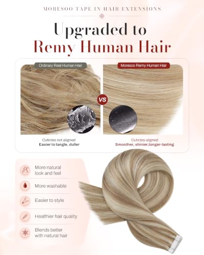 Tape-In Human Hair Extensions - Beige Blonde, 18 Inch, 20 Pieces - Light Brown Highlighted Platinum Blonde Variation