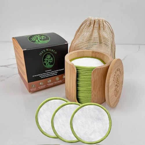 Reusable Bamboo Cotton Makeup Remover Pads Set with Washable Bag & Storage Jar - Eco-Friendly Facial Cleansing Discs - 20 Pack