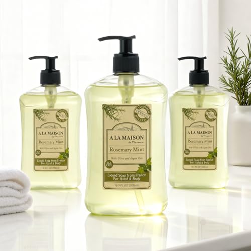 Rosemary Mint Liquid Hand Soap - French Made, Vegan & Biodegradable, 16.9 oz - 3 Pack