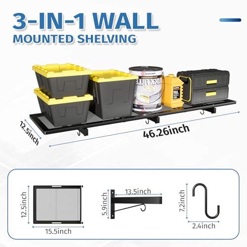 Garage Wall Shelving 46x12.5 Inches with Hooks - Heavy Duty Storage Rack - Black Metal Wall Organizer - Variation 2