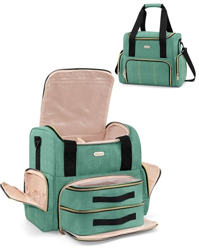 Large Travel Makeup Bag with Removable Cases - Green, Double Layer Organizer