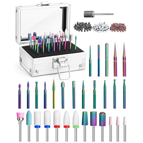 Onism 30Pcs Nail Drill Bits Set, 3/32" Tungsten Carbide Ceramic Quartz Kit with 75 Sanding Bands (#80/120/180), 40-Slot Expandable Organizer Box for Acrylic Gel Removal & Prep, Silver