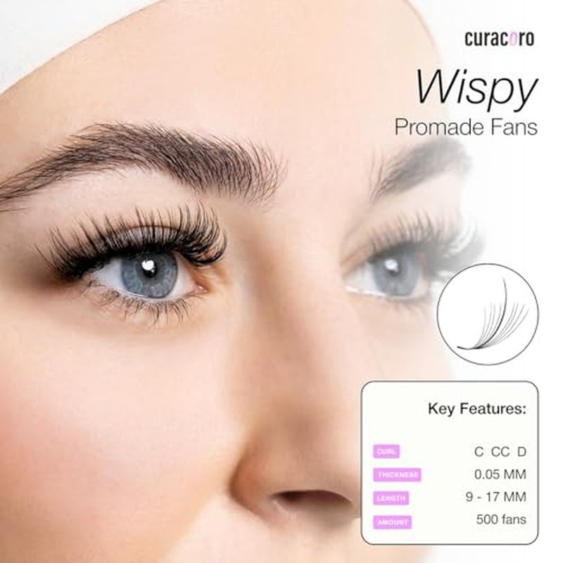 Curacoro Promade Wispy 500 Fans - 9D 0.05 Lash Extensions, CC Curl 10mm Length Handmade Volume Eyelashes, Long-Lasting Professional Lash Fans