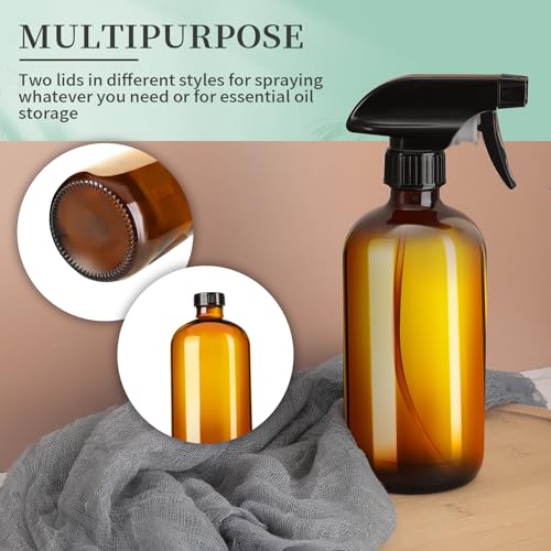 16oz Amber Glass Spray Bottles Set with Adjustable Nozzle - Refillable for Essential Oils, Cleaning, Pets & Hair