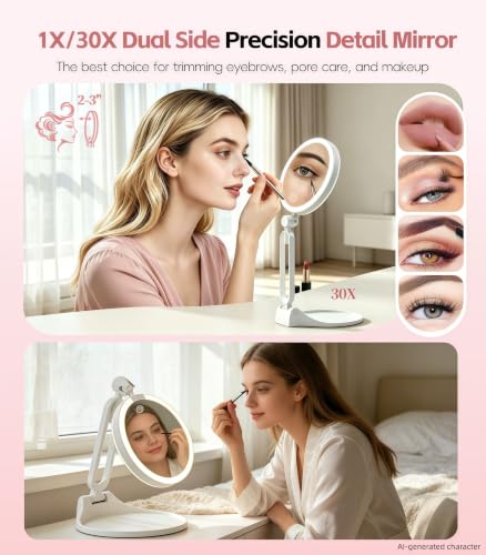 Travel Makeup Mirror with Lights 6.6" Dual-Sided 1X/30X Magnification, Portable LED Vanity Mirror