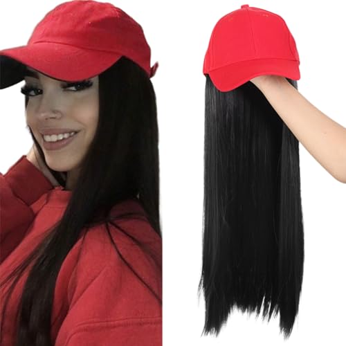 Black Sun Hat Wig for Women Baseball Cap with 22" Wavy Straight Hair Extensions