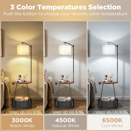 Rustic Brown Floor Lamp with Table & Charging Station - Modern Nightstand with USB & Type-C Ports