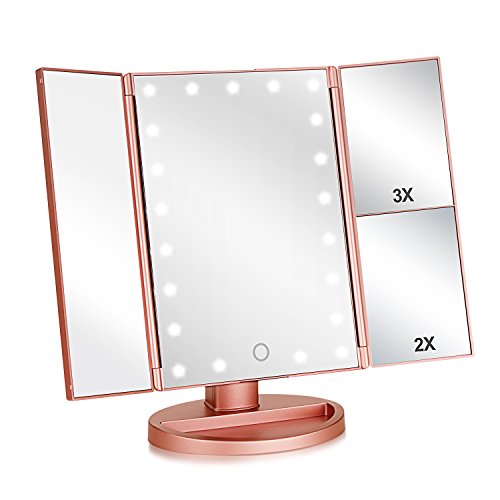 Flymiro Rose Gold Tri-Fold Lighted Makeup Mirror with 3x/2x Magnification, Touch Screen LEDs, 180° Rotation, Portable Vanity for Women & Teens