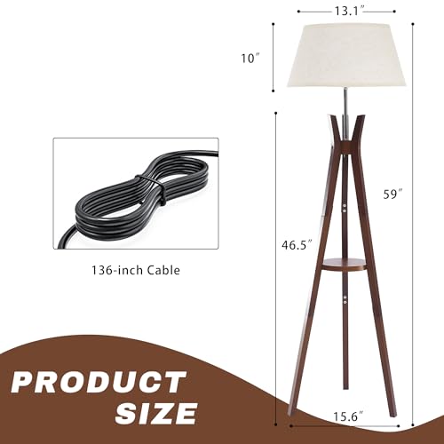 Walnut Floor Lamp with Shelves - 59 Inch Standing Lamp for Bedroom & Living Room - Booniture