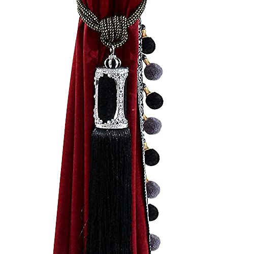 Burgundy Velvet Curtains with Tassel Trim - 52W x 96L Double Pack, Blackout Drapes for Living Room & Bedroom