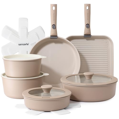 SENSARTE 17-Piece Ceramic Non-Stick Cookware Set Almond Beige with Removable Handles