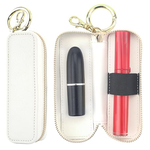 Leather Lipstick Holder Keychain Pouch - White Travel Makeup Organizer