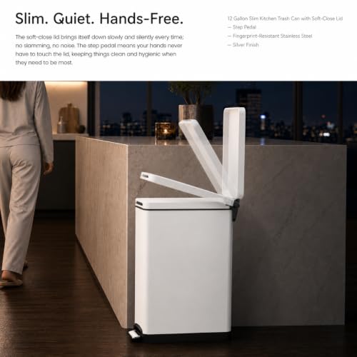 12 Gallon Slim Kitchen Trash Can with Foot Pedal and Soft-Close Lid