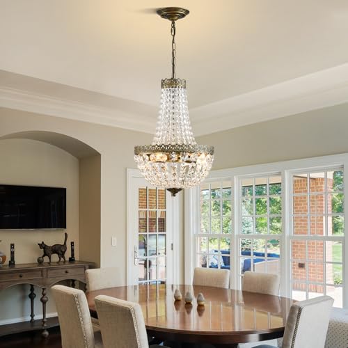 Mini Crystal Chandelier Pendant Light 19.7 H x 12.6 W Vintage Farmhouse Ceiling Fixture for Bathroom Living Room Bedroom Antique Brass E12