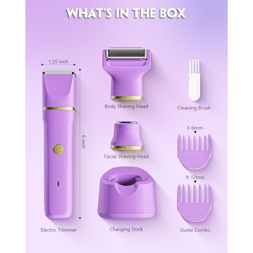 Bikini Trimmer for Women, Tiovara Painless Electric Razors Shaver IPX7 Waterproof Cordless Body Hair Trimmer Pubic Hair Removal with USB Charge Dock for Underarm Leg Arm Body Face Silk Skin (Purple)