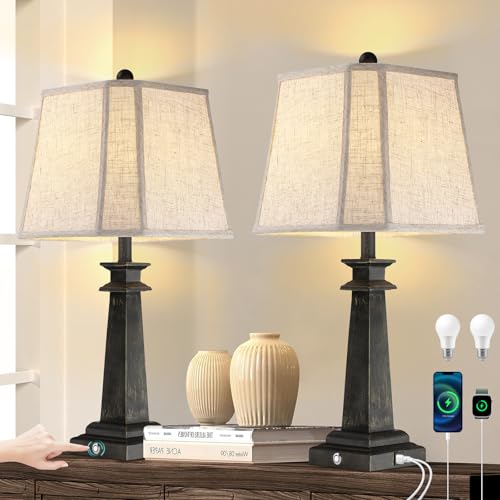 Farmhouse Black Table Lamps Set of 2 - 27.5 inch Touch Dimmable Nightstand Lamps with USB Ports - Vintage Linen Shade