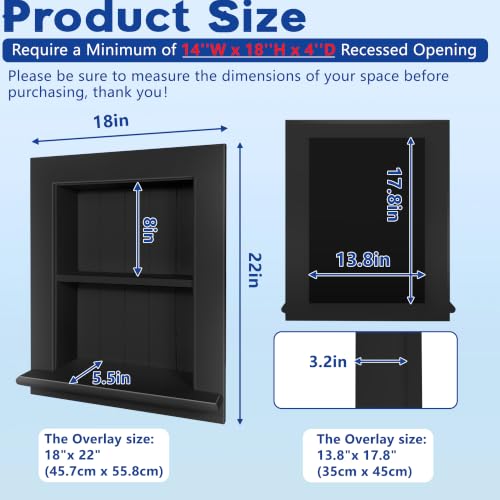 Recessed Medicine Cabinet Wall Mount 14x18 Inch 2-Tier Black