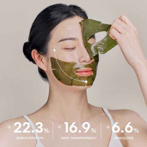 Whamisa Organic Algae Kelp Facial Sheet Mask, De-Puffing, Deep Hydration, Calming, Moisturizing, Fermentation, Korean Skin Care (5 PCS/Pack)
