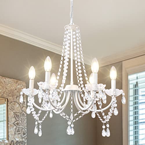LynPon White Crystal Chandelier with 6 Lights - Adjustable 59" Chain, E12 Bulbs Included for Bedroom, Dining Room, Living Room
