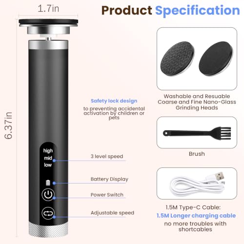 CYFERUY Electric Foot Callus Remover with 2 Nano-Glass Heads, 3 Speed, 2000mAh USB-C Rechargeable, Premium Aluminum Cordless Foot File (Black Silver)