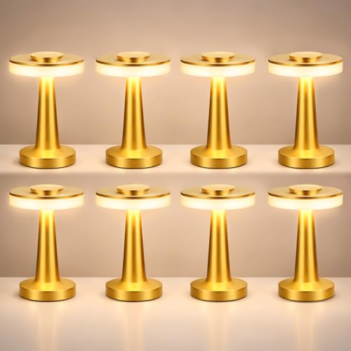 8 Pack LED Cordless Rechargeable Table Lamps - Gold, Portable & Touch-Controlled