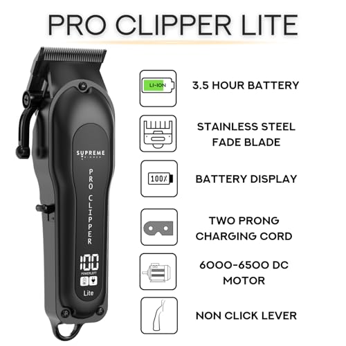 Supreme Trimmer Pro Clipper Lite Black - Professional Cordless Hair & Beard Trimmer Set