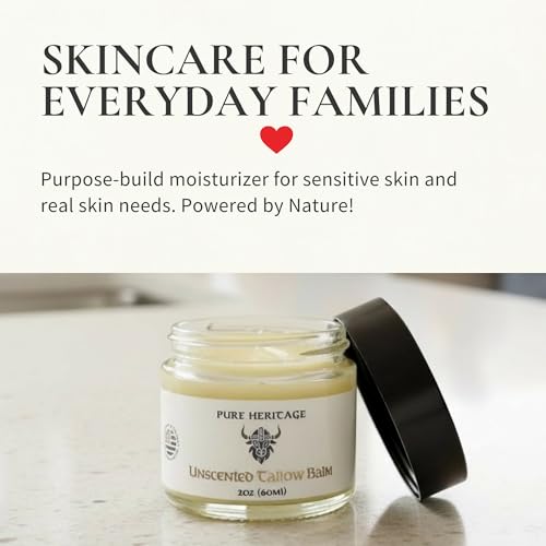 Pure Heritage Unscented Tallow Balm ? Grass-Fed Moisturizer for Sensitive, Dry & Reactive Skin | Natural Nourishing Balm for Face & Body | Family-Safe, Minimal Ingredients | 4oz