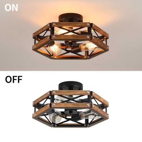 Oak and Black 2 Pack Rustic Farmhouse 3-Light Ceiling Light Fixtures - Wood & Metal Flush Mount for Hallway, Entry, Bedroom, Kitchen