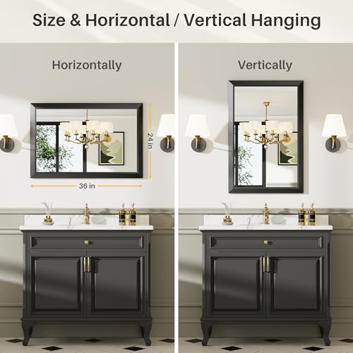 Black Metal Framed Bathroom Wall Mirror 24x36 Inch - Modern Vanity Mirror with Beveled Glass
