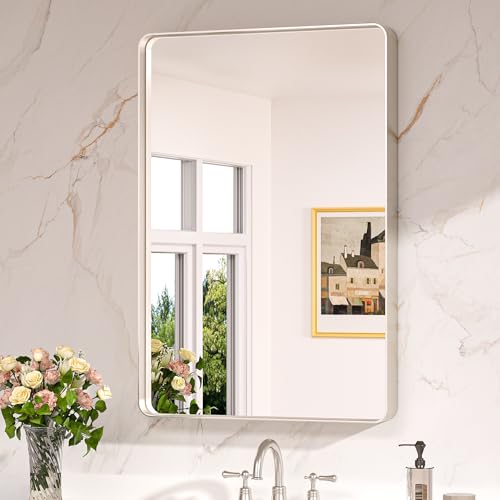 Keonjinn Brushed Nickel Bathroom Mirror 24 x 36 Inch Over Sink - Modern Rounded Frame