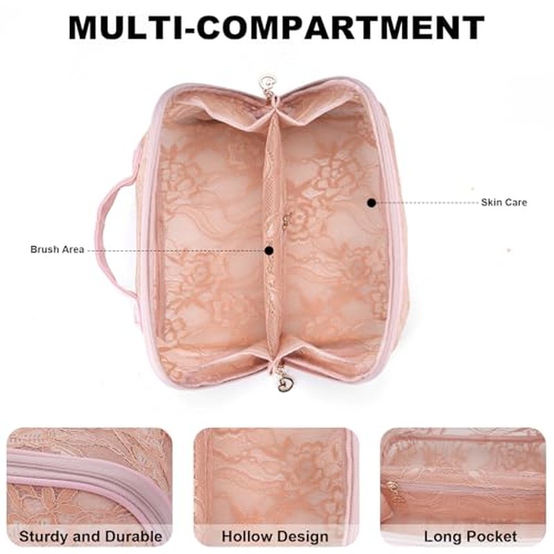 2026 New Makeup Bag for Women Girls,Lace Large Capacity Cosmetic Bag,Open Flat Travel Toiletry Bag,Hollow Out Makeup Organizer Bag With Divider and Handle(Pink)