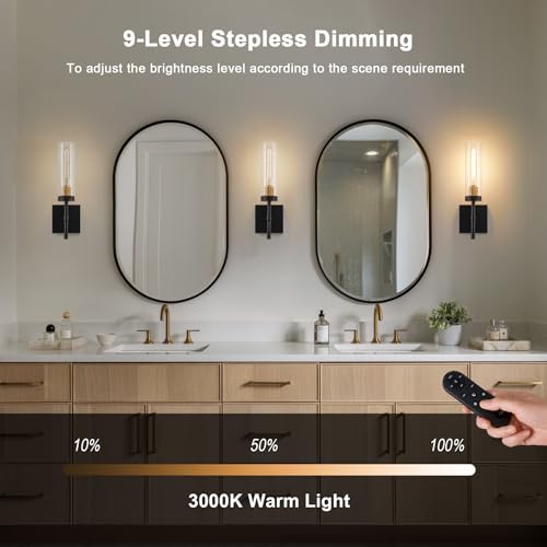 SANTOSTOCK Black Gold & Clear Glass Wireless Wall Sconces Set of 2 - Rechargeable Dimmable Battery-Powered LED Lights for Bedroom Living Room Bathroom Hallway 16 Inch
