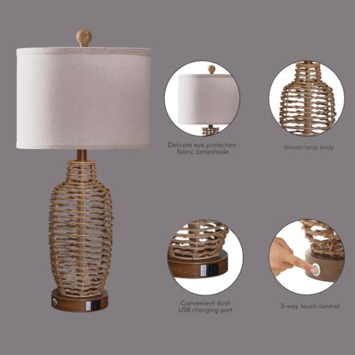 Natural Rattan Table Lamps Set of 2 with USB Ports - Dimmable Touch Control, Farmhouse Rustic Wicker Lamps for Bedroom Living Room Office