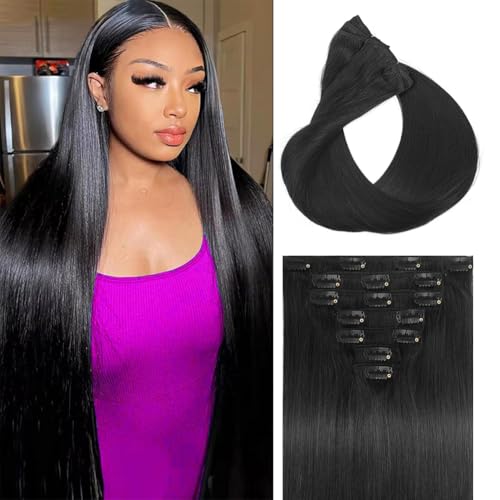 Clip in Hair Extensions 7Pcs 70g 14 Inch Human Hair - Jet Black / 75g