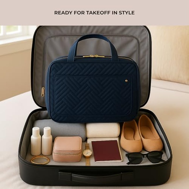 Hanging Toiletry Bag for Travel, Large Capacity Organizer with 4 Compartments and 1 Swivel Hook, Water resistant, Perfect for Toiletries, Cosmetics/Daily Use/Ideal as Gift (Navy Blue)