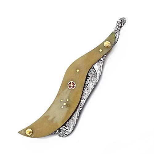 Hand Made Damascus Steel Straight Razor Folding Razor With Shaving Ready Classic Barber Blade Edge, Men Straight Razor, Leather Case + Strop, Close Shave, Great Gift R-84
